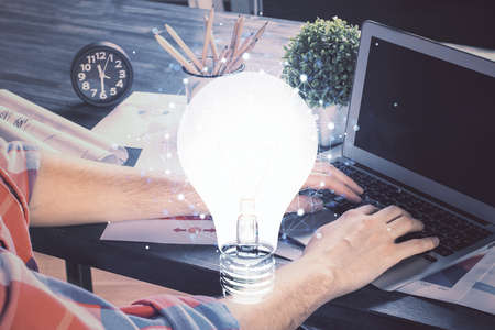 Growing arrows with businessman working on computer on background. Success concept. Double exposure.