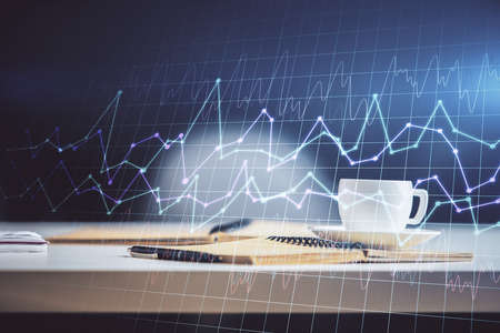 Multi exposure of forex graph drawing and desktop with coffee and items on table background. Concept...