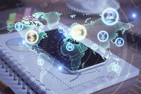 Double exposure of forex chart drawing and cell phone background. Concept of financial data analysisの写真素材