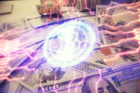 Multi exposure of crypto theme drawing over us dollars bill background. Concept of blockchain...