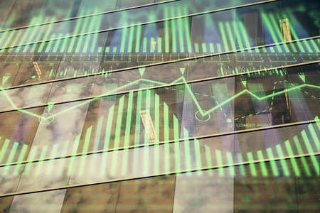 Data theme hologram drawing on city view with skyscrapers background multi exposure. Bigdata...