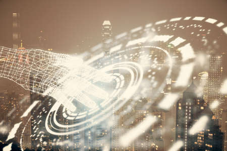 Data theme hologram drawing on city view with skyscrapers background double exposure. Ai concept.