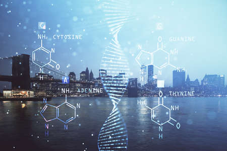 Double exposure of DNA drawing and cityscape background. Concept of education.の写真素材