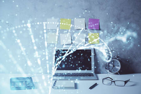 Desktop computer background and DNA drawing. Double exposure. Science concept.