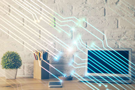 Double exposure of desktop with personal computer on background and tech theme drawing. Concept of data analysis.の写真素材