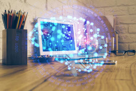 Double exposure of desktop computer and human brain drawing hologram. Ai concept.