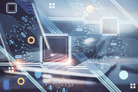 Double exposure of desktop computer and technology theme hologram. Concept of software development.の写真素材