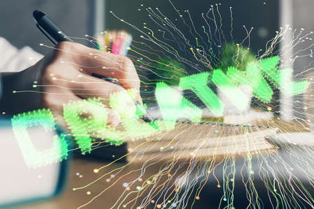 Start up creative drawing over close up hands on background. Concept of brainstorming. Multi...