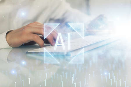 Multi exposure of tech drawings with man working on computer background. Concept of innovation.