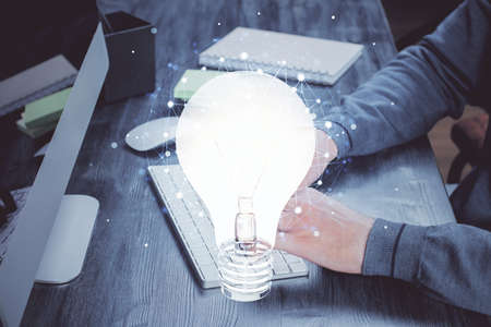 Growing arrows with businessman working on computer on background. Success concept. Double exposure.