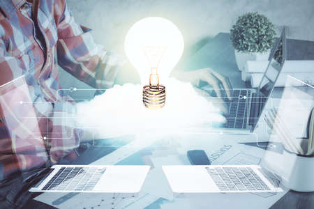 Growing arrows with businessman working on computer on background. Success concept. Double exposure.