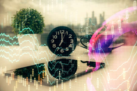 Double exposure of forex graph drawing and cell phone background. Concept of financial data analysis