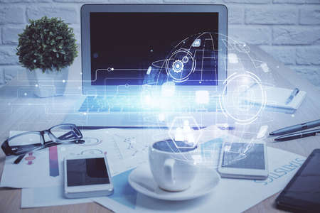 Computer on desktop with social network hologram. Double exposure. Concept of international people...