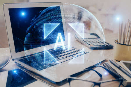 Double exposure of table with computer on background and data theme drawing. Concept of innovation.の写真素材