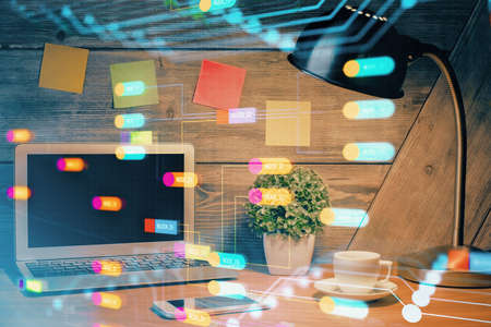 Multi exposure of desktop with computer on background and tech theme drawing. Concept of big data.の写真素材