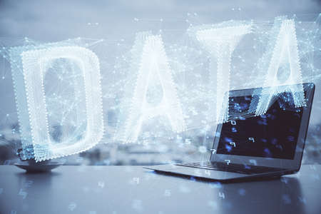 Double exposure of computer and technology theme hologram. Concept of freelance work.の写真素材