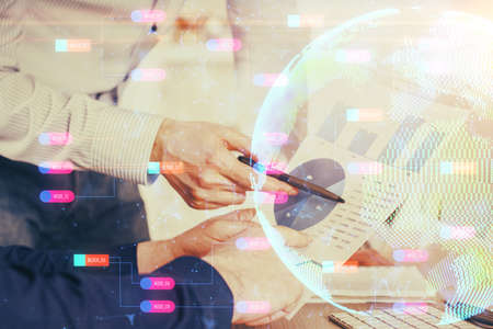 Man's hands with international data network theme double exposure icon. Concept of globalization.