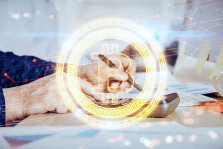Businessman with hands background. Multi exposure with crypto currency concept.