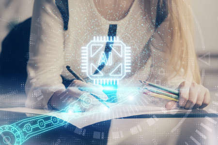 Multi exposure of woman's writing hand on background with data technology hud. Big data concept.の写真素材