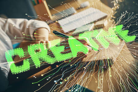 Start up creative drawing over close up hands on background. Concept of brainstorming. Multi exposureの写真素材