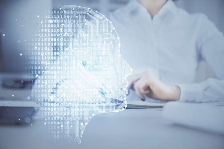 Multi exposure of writing hand on background with brain hologram. Concept of self learning.