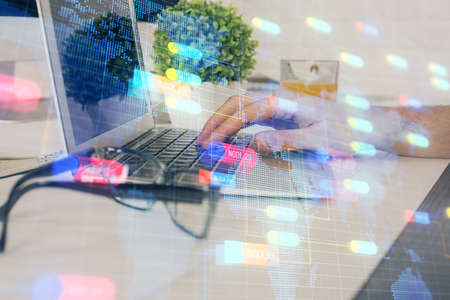 Multi exposure of tech drawings with man working on computer background. Concept of innovation.