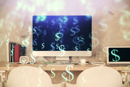 Multi exposure of stock market chart drawing and office interior background. Concept of financial analysis.の写真素材