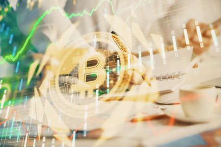 Double exposure of blockchain theme drawing over people taking notes background. Concept of...