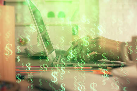 Double exposure of woman hands typing on computer and forex chart hologram drawing. Stock market...