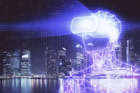 Double exposure of AR people drawing and cityscape background. Concept of augmented reality.