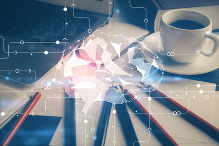 Double exposure of desktop computer and human brain drawing hologram. Ai concept.の写真素材