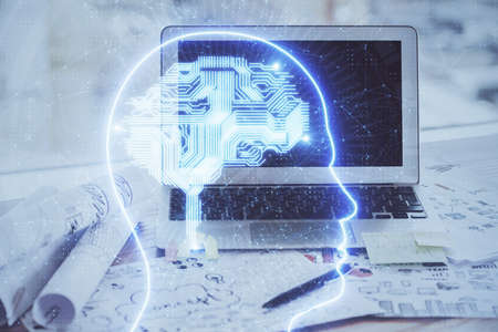 Multi exposure of work space with computer and human brain hologram. Brainstorm concept.