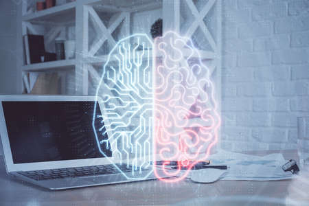 Multi exposure of work table with computer and brain hologram. Brainstorm concept.の写真素材