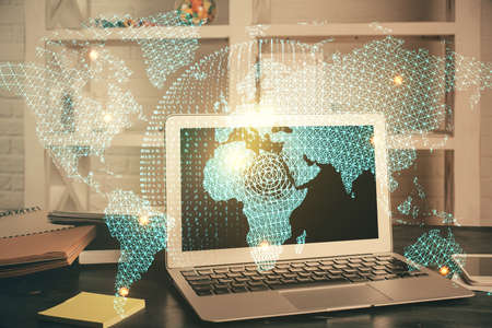 Multi exposure of business theme icons and table with computer background. Concept of success.