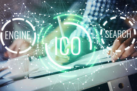 Businessman with hands background. Multi exposure with crypto currency concept.の写真素材