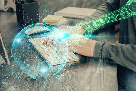 A man working on computer with technology theme drawing. Concept of big data. Multi exposure.