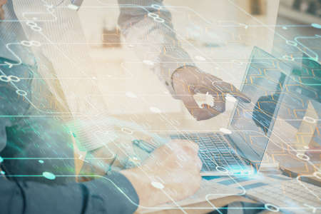 Multi exposure of tech drawings with man working on computer background. Concept of innovation.