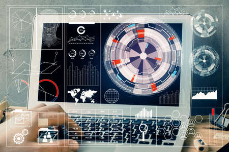 Double exposure of data internet theme hologram with man working on computer on background. Concept...