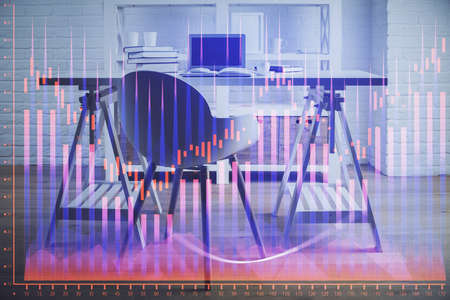 Double exposure of financial graph drawing and office interior background. Concept of stock market.