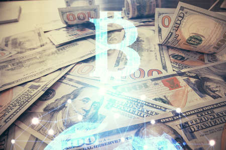 Multi exposure of crypto theme drawing over us dollars bill background. Concept of blockchain success.の写真素材