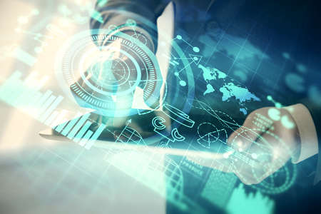 Double exposure of man's hands holding and using a phone and international business theme drawing.