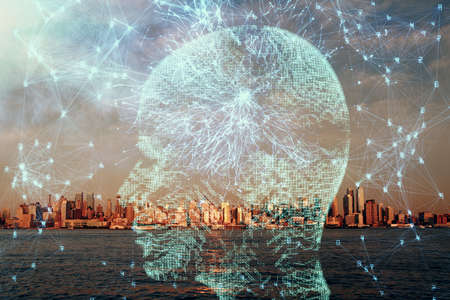 Brain hologram drawing on cityscape background multi exposure. Ai in modern city concept.の写真素材