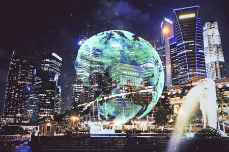 Multi exposure of social network theme drawing and cityscape background. Concept of people connecton.の写真素材
