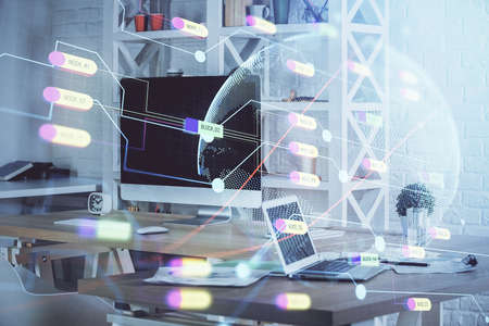 Multi exposure of table with computer and world map hologram. International data network concept.