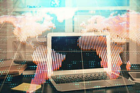Multi exposure of business theme icons and table with computer background. Concept of success.