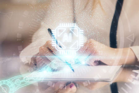 Multi exposure of woman's writing hand on background with data technology hud. Big data concept.の写真素材