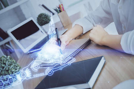 Start up creative drawing over close up hands on background. Concept of brainstorming. Multi...