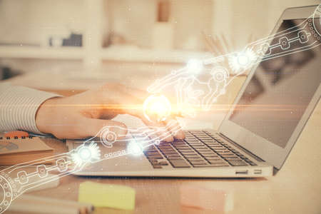 Businessman working on Laptop with technology theme drawing. Concept of big data. Double exposure.の写真素材