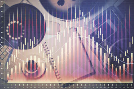Multi exposure of forex chart drawing and work table top veiw. Concept of financial analysis.の写真素材