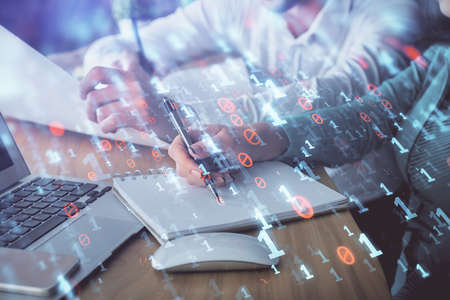 Double exposure of data theme sketch drawing over people writing background. Concept of technology